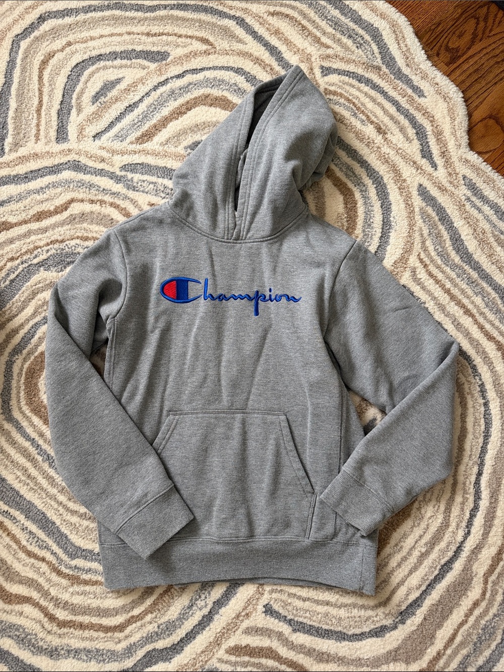 Champion Gray Pullover Hoodie with Blue Script and Red Emblem